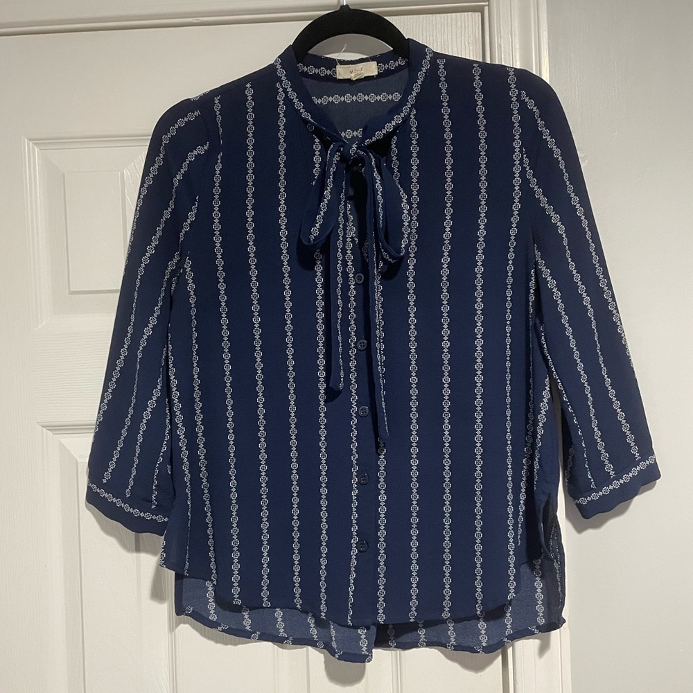 mine Navy Striped Tie-Neck Blouse
